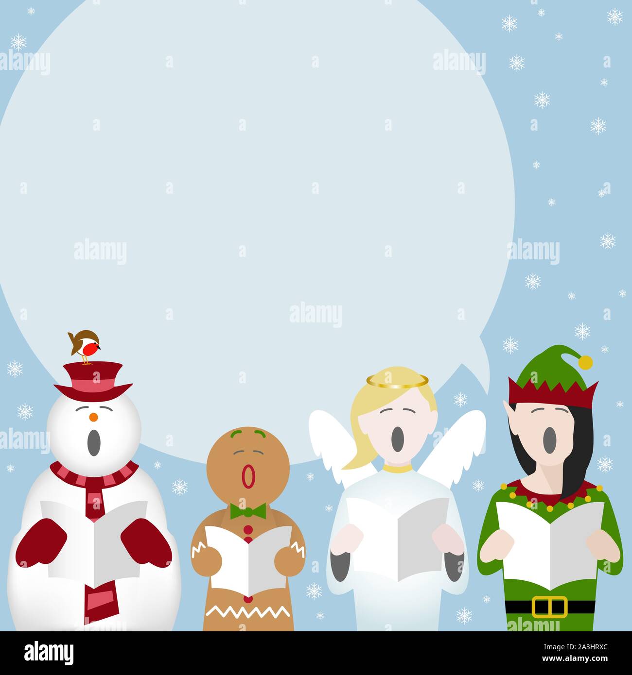 a snowman, gingerbread man, angel and elf singing Christmas carols with room for text Stock Vector
