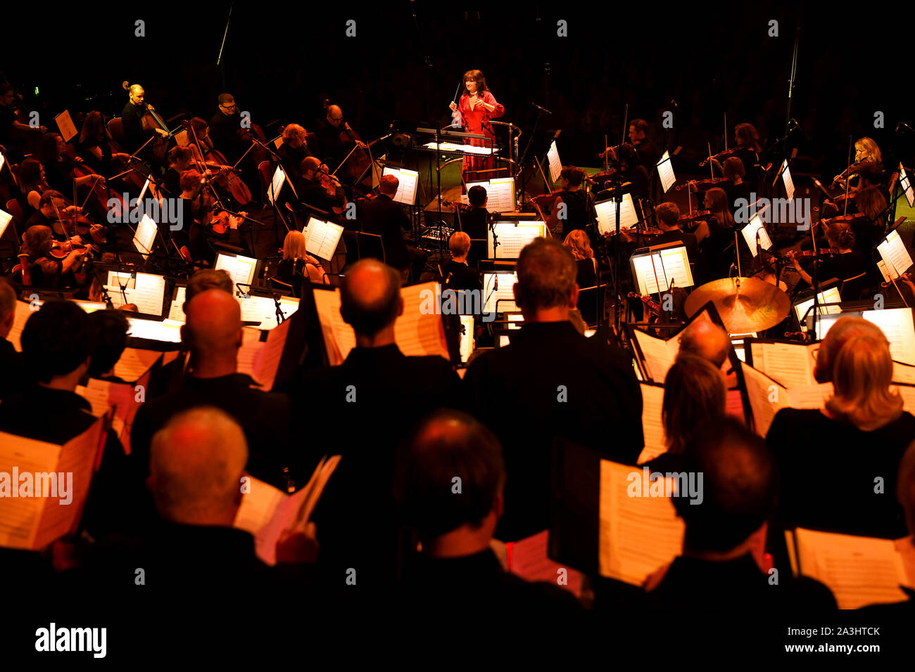 Debbie Wiseman conducts the Bournemouth Symphony Orchestra and Chorus at Classic FM Live at London's Royal Albert Hall. Stock Photo