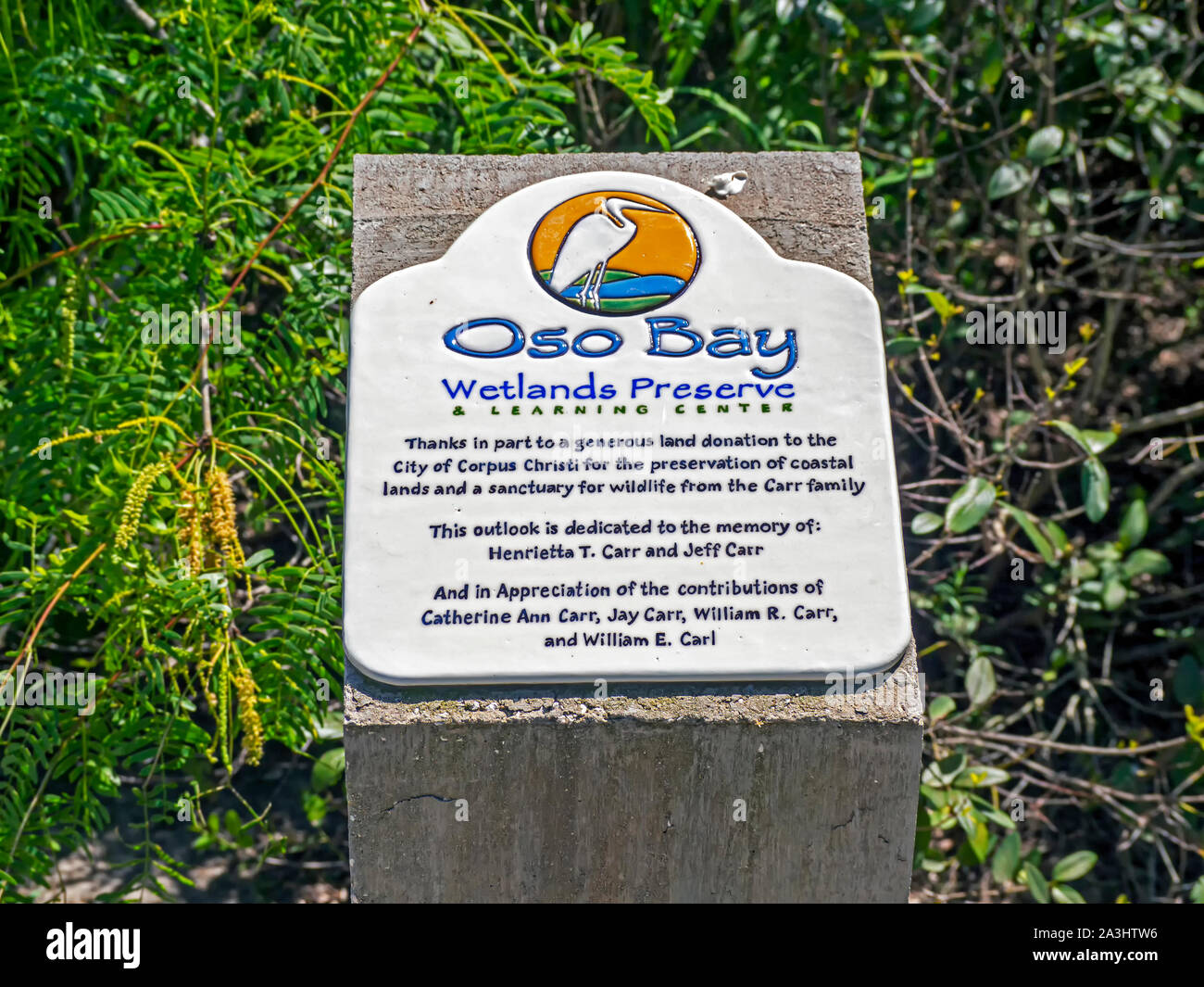Decorative plaque at Oso Bay Wetlands Preserve & Learning Center thanking the city of Corpus Christi, Texas USA for a land donation. Stock Photo