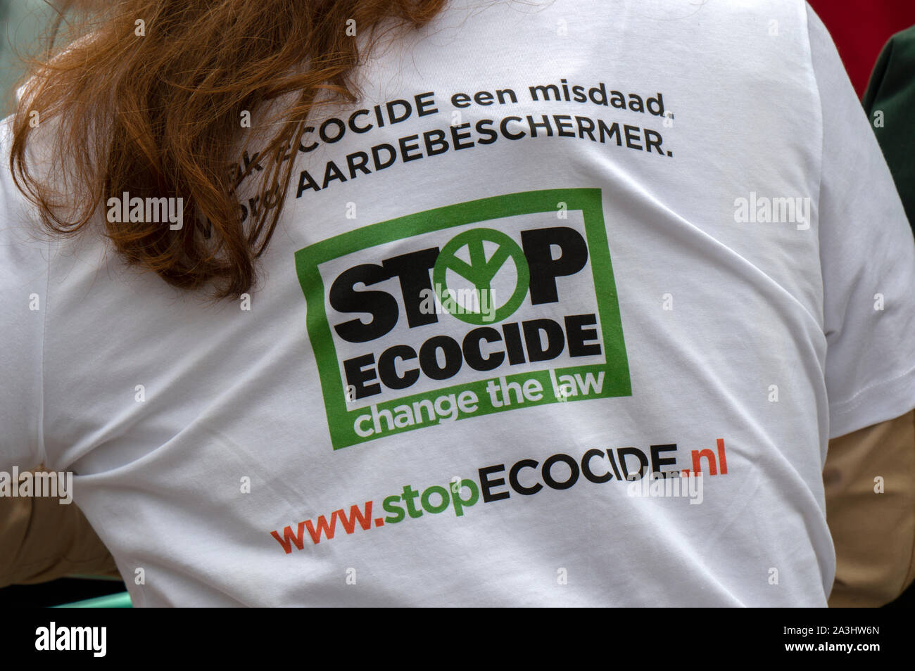Day 1 Stop Ecocide T-Shirt At The Climate Demonstration From The Extinction Rebellion Group At Amsterdam The Netherlands 2019 Stock Photo