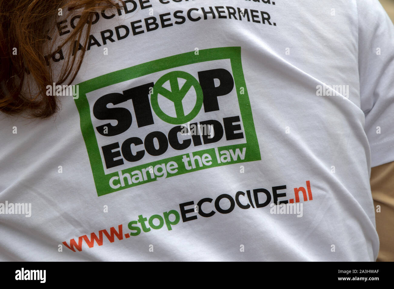 Day 1 Stop Ecocide T-Shirt At The Climate Demonstration From The Extinction Rebellion Group At Amsterdam The Netherlands 2019 Stock Photo