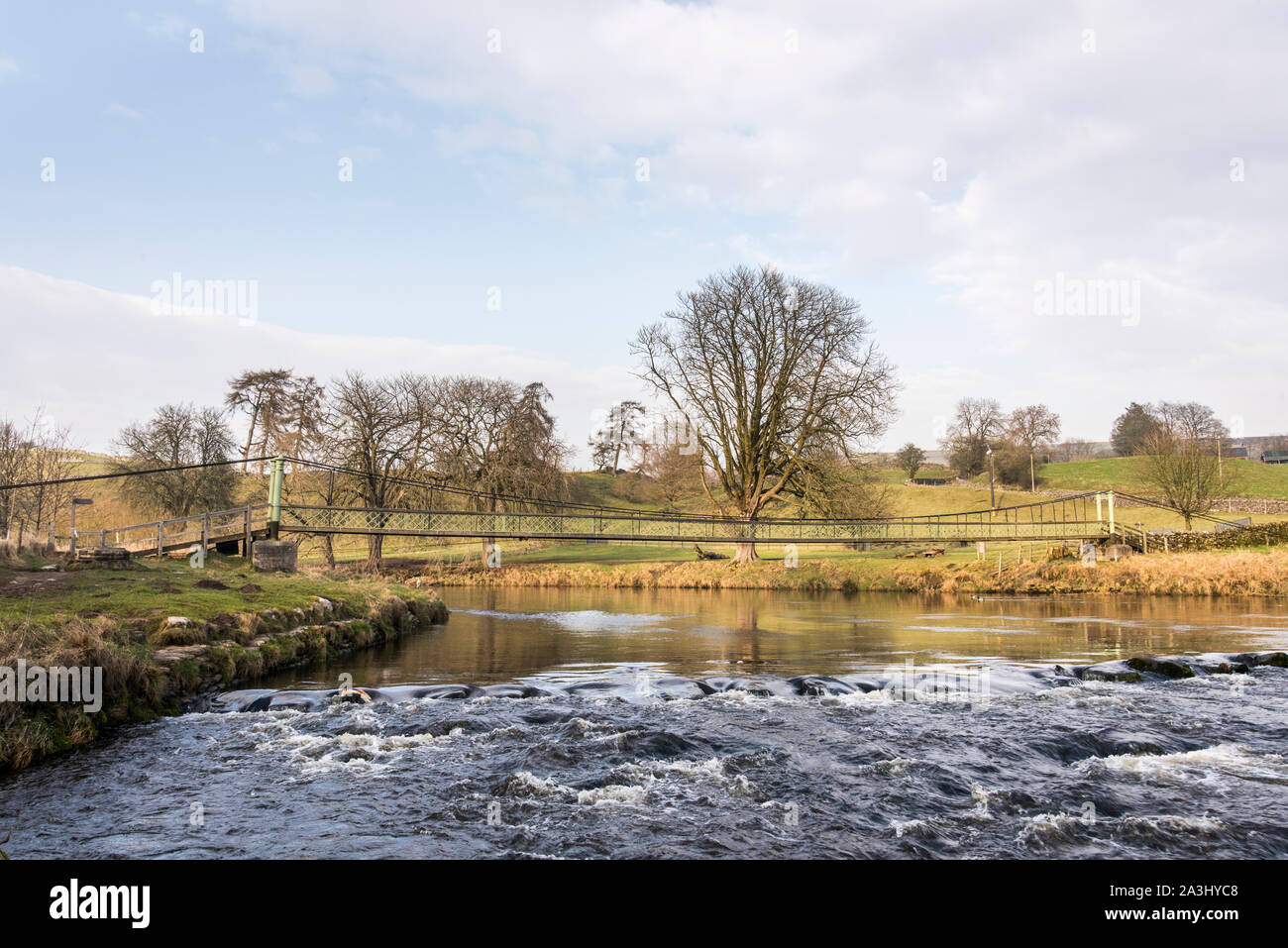 Hebden suspension Bridge over the river Wharfe, North Yorkshire Stock Photo Alamy