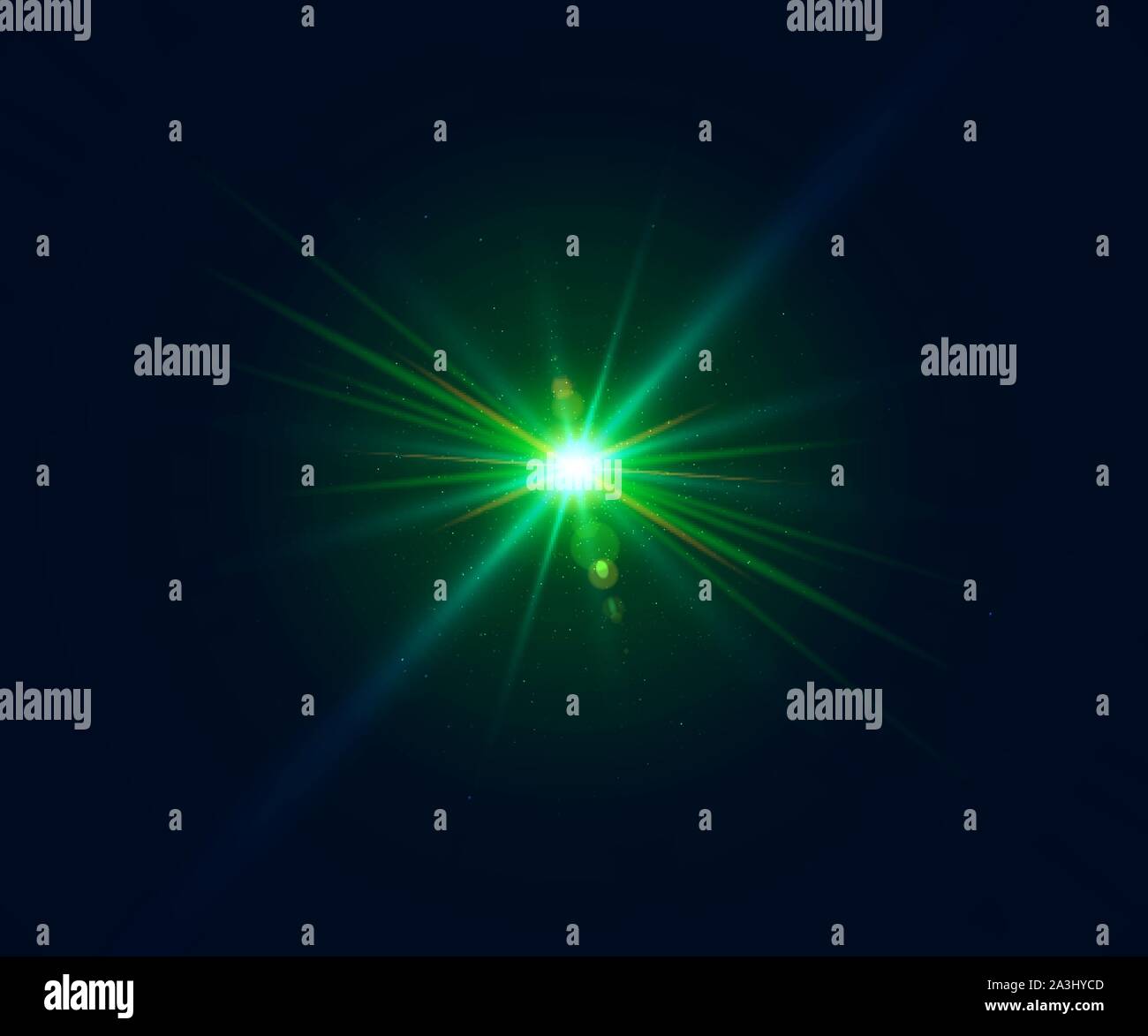 Glowing lens flare. Beautiful glare effect with bokeh, glitter particles and rays. Sparkling green light effects of flash with colorful twinkle. Shini Stock Vector