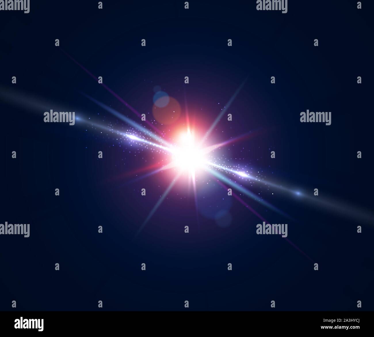 Glowing flash. Beautiful glare effect with bokeh, glitter particles and rays. Sparkling light effects of lens flare with colorful twinkle. Shining abs Stock Vector