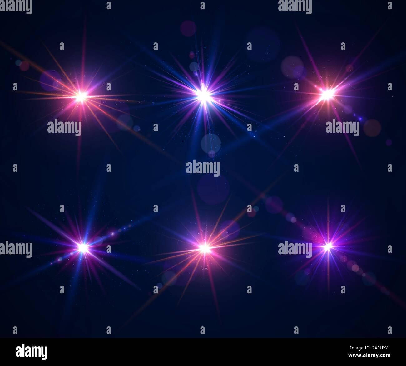 Sparkling light effects of flash. Glowing lens flares and colorful twinkle. Set of beautiful glare effects with bokeh, glitter particles and rays. Shi Stock Vector