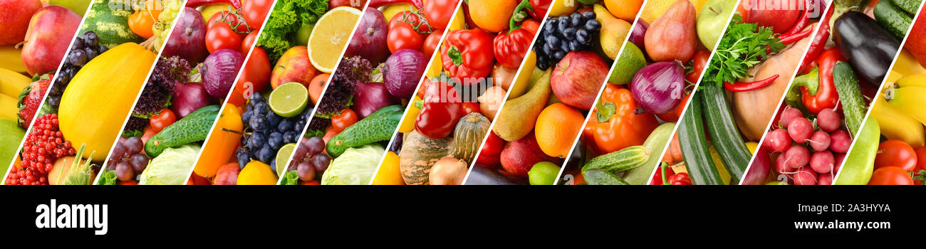 Panoramic shot fruits and vegetables separated by oblique lines. Stock Photo