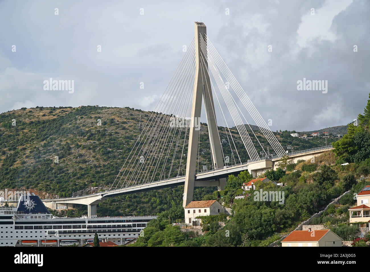 The Franjo Tuđman Bridge, a cable-stayed bridge carrying the D8 state ...