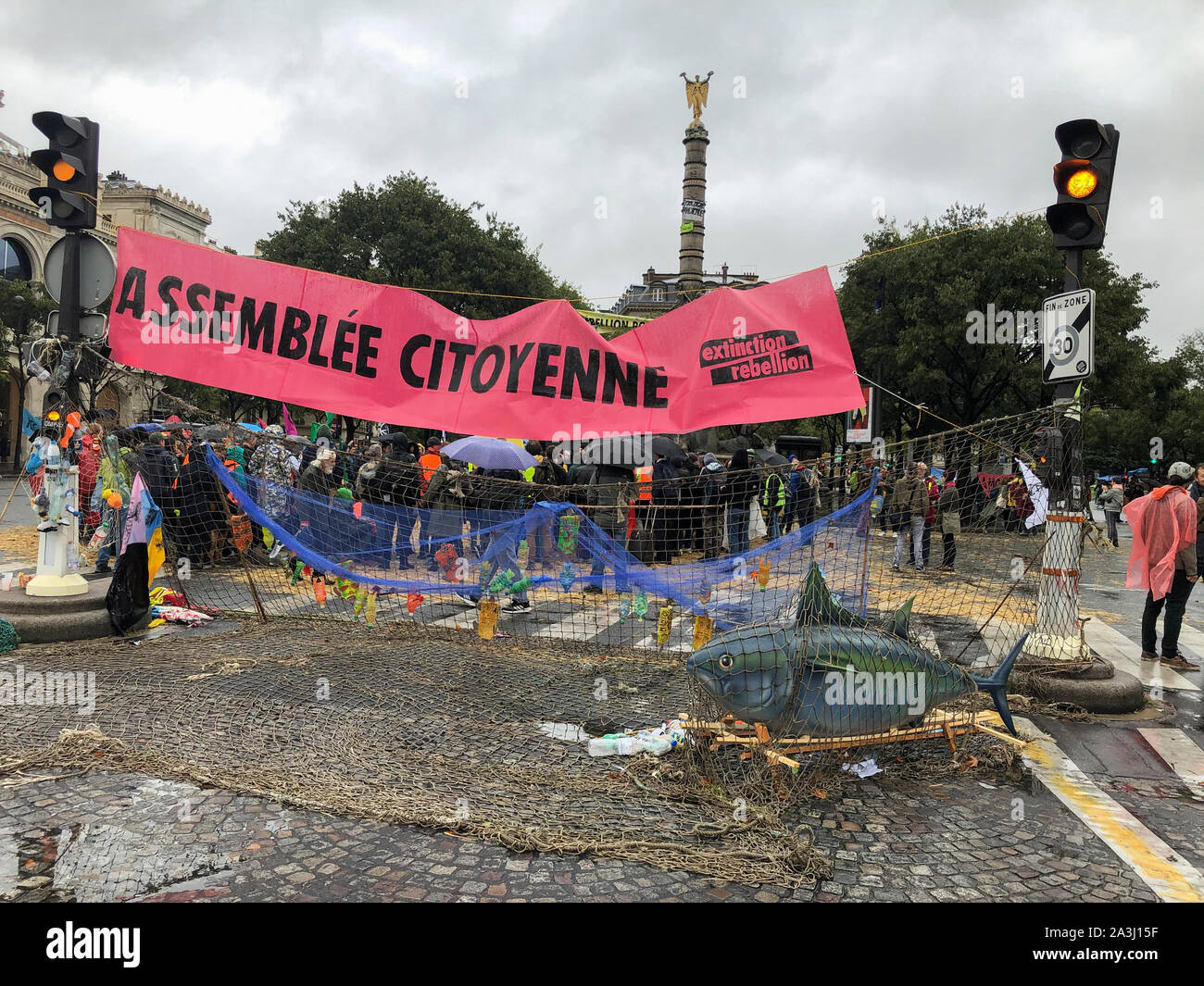 Paris, France, Environmental Demonstration, Group Closing Street at Chatelet, Extinction Rebellion,  climate change activists, young activism Stock Photo
