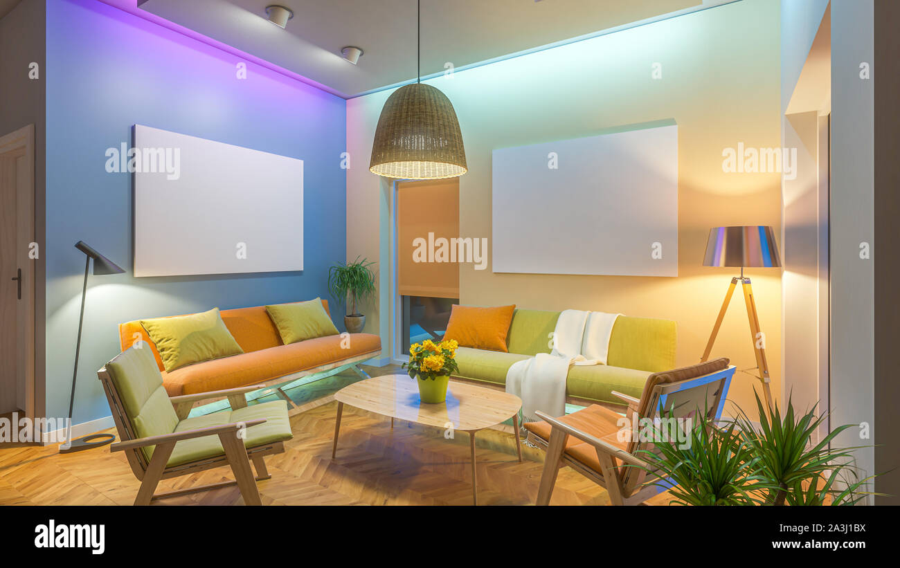 Modern Living Room with colored led light - Picture background. 3D ...