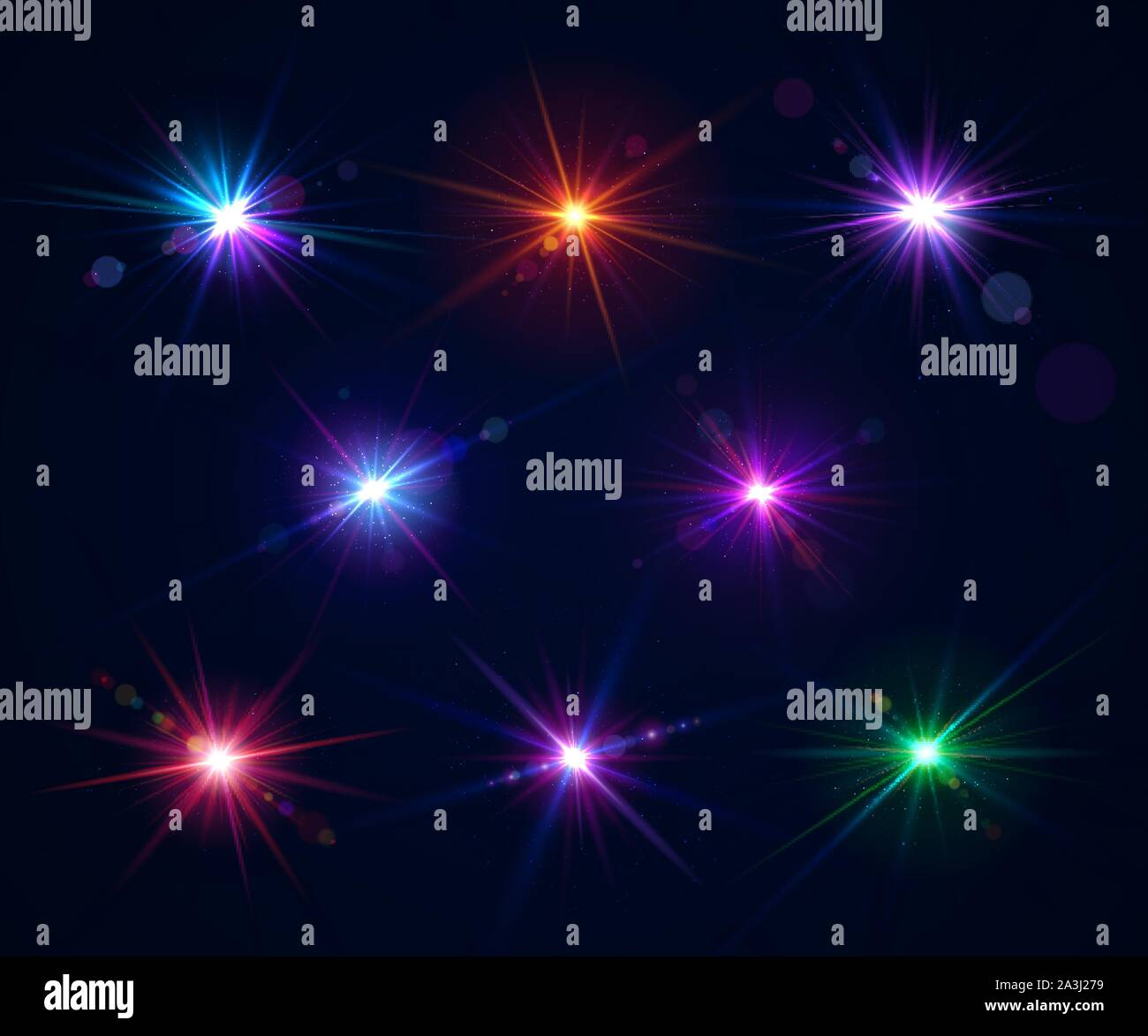 Glowing lens flares. Set of beautiful glare effects with bokeh, glitter particles and rays. Sparkling light effects of flash with colorful twinkle. Sh Stock Vector
