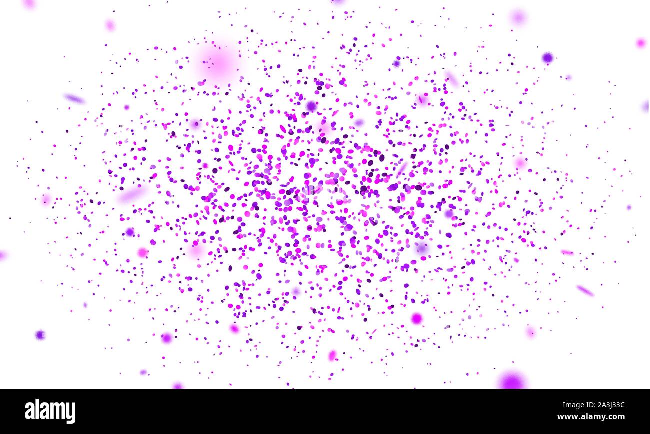 Purple confetti. Falling randomly glitter tinsel. Shiny isolated round