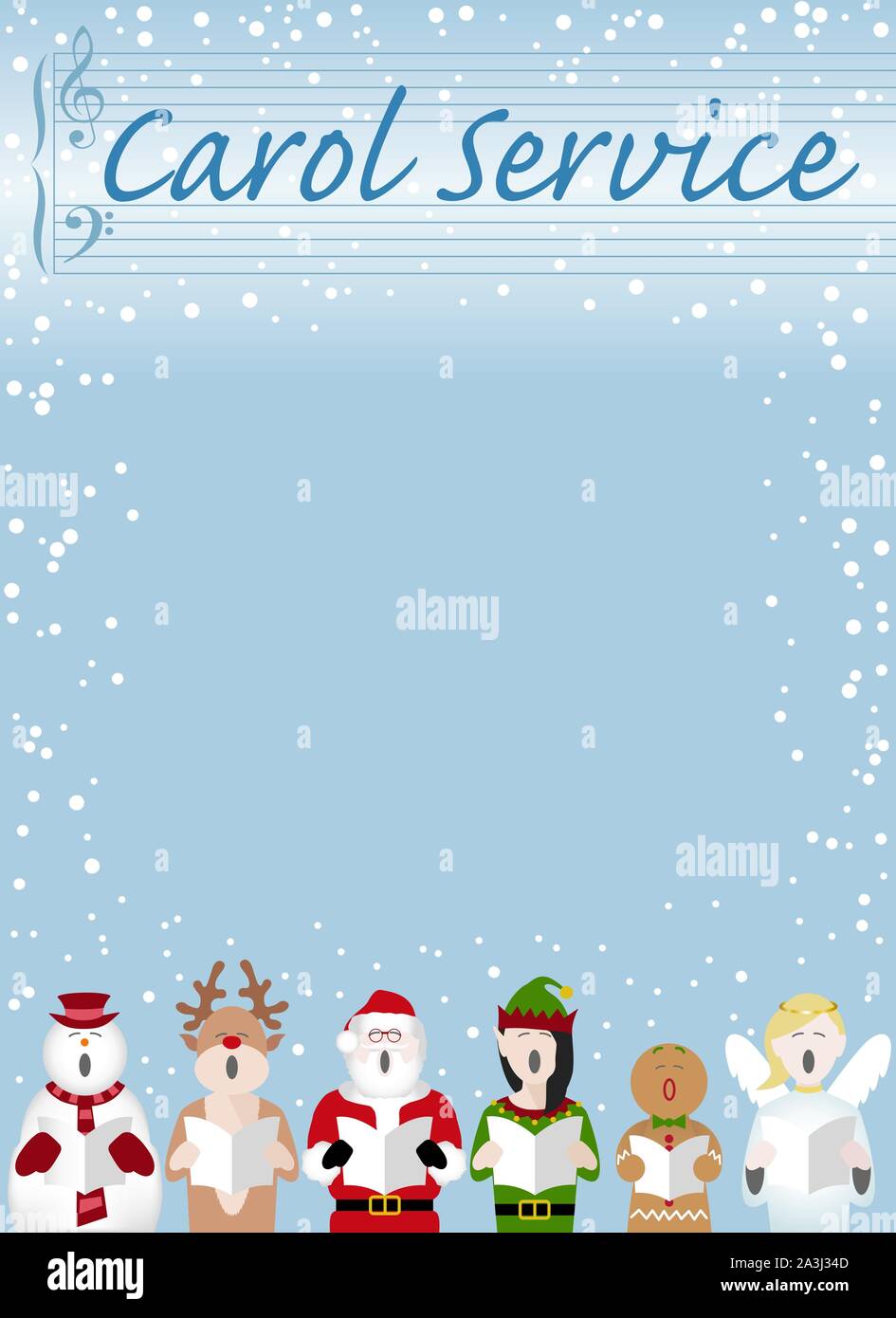 Christmas carol service poster design with a snowman, father Christmas, gingerbread man, reindeer, elf and fairy characters singing in the snow. Vecto Stock Vector