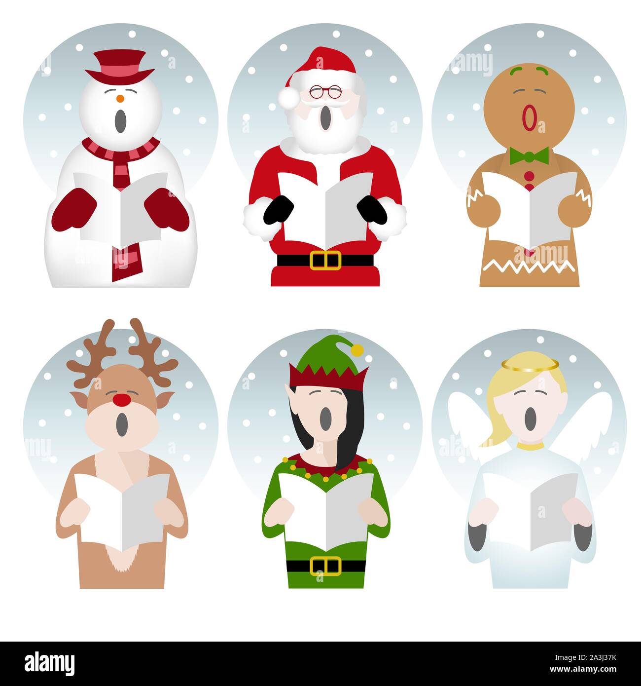 snowman, father Christmas, gingerbread man, reindeer, elf and fairy characters singing Christmas carols in the snow Stock Vector