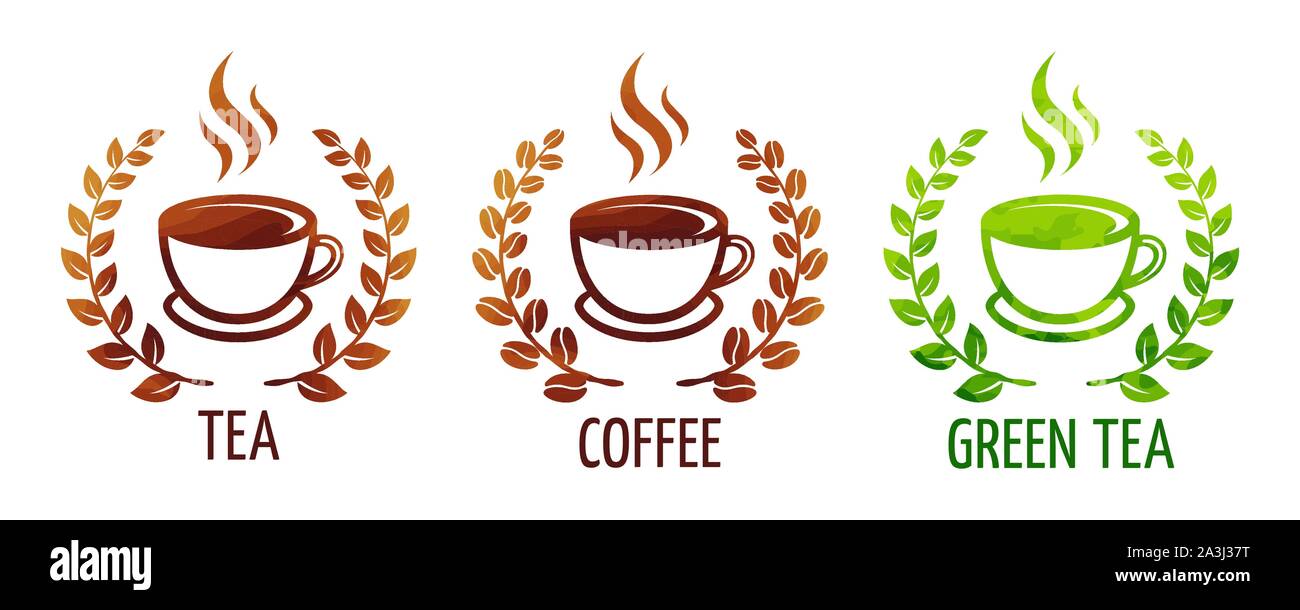 Coffee and tea cups vector symbols on white background. Logo coffee cup  with coffee wreath. Logo green tea cup with wreath leaves. Logo black tea  cup Stock Vector Image & Art -