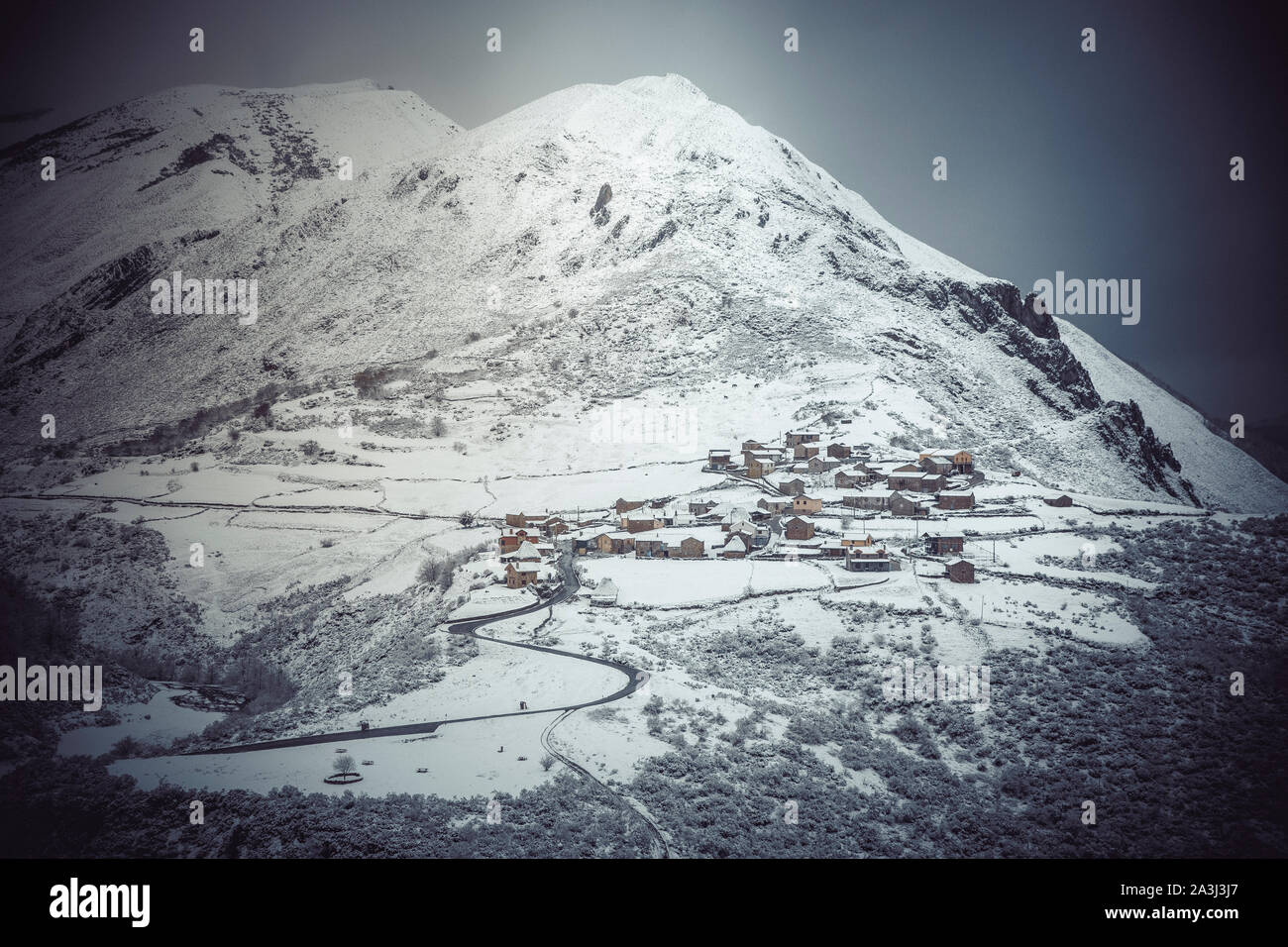 Snow town of 'La peral' in Somiedo National Park Stock Photo