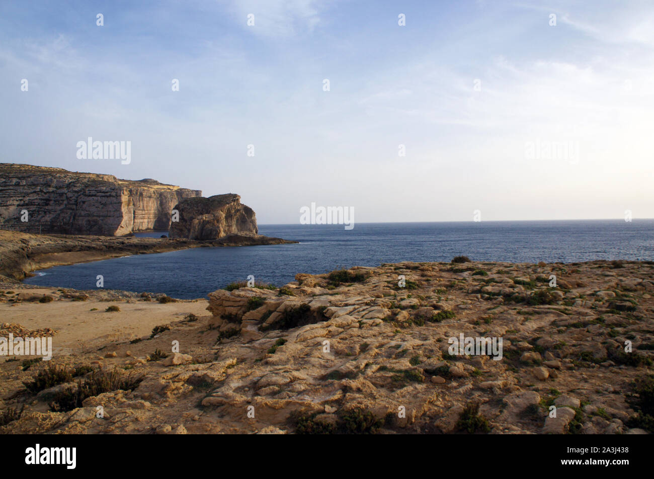 Fungus Rock and landscape of Dwejra Bay next to Azure Window (it-Tieqa Żerqa) in Xlendi, Gozo Stock Photo