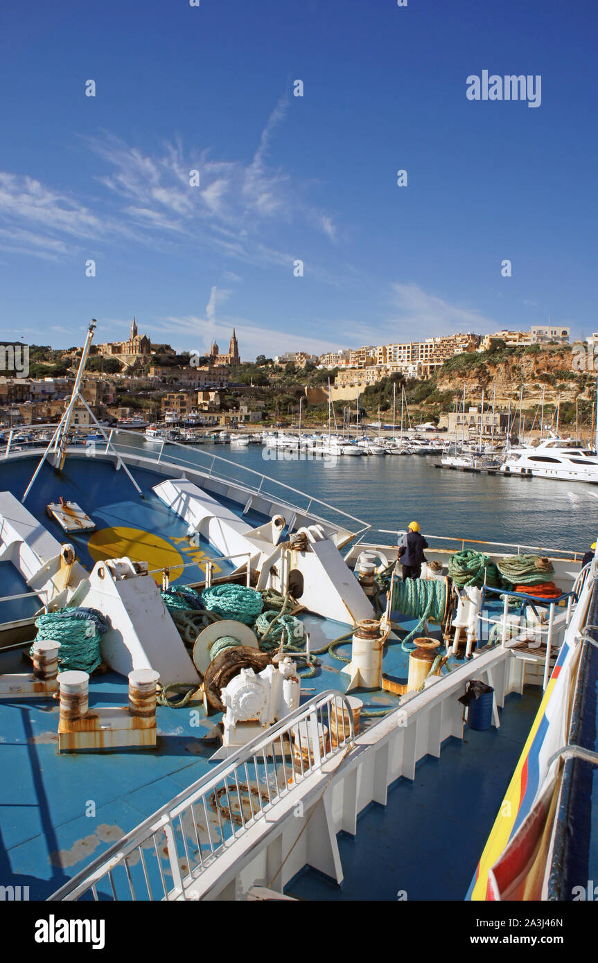 Ferry mooring in Mgarr Harbour (route between Cirkewwa, Malta and Mgarr, Gozo) Stock Photo