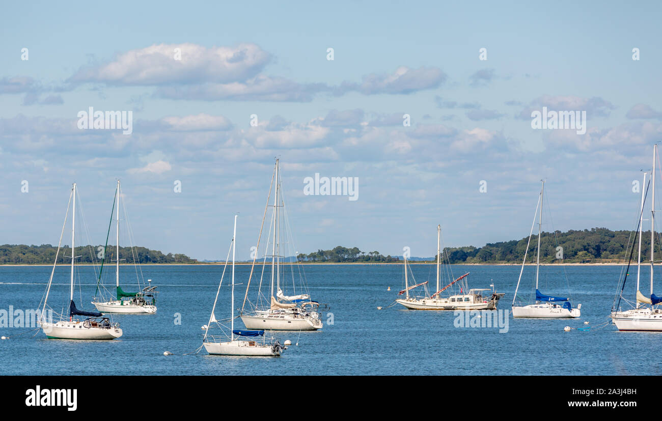 sail boats on mooring is Sag Harbor, NY Stock Photo
