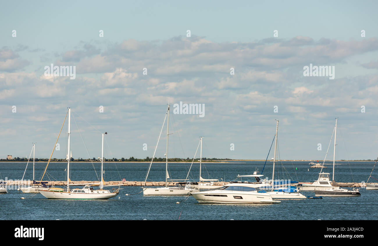Sail boats on mooring is Sag Harbor, NY Stock Photo