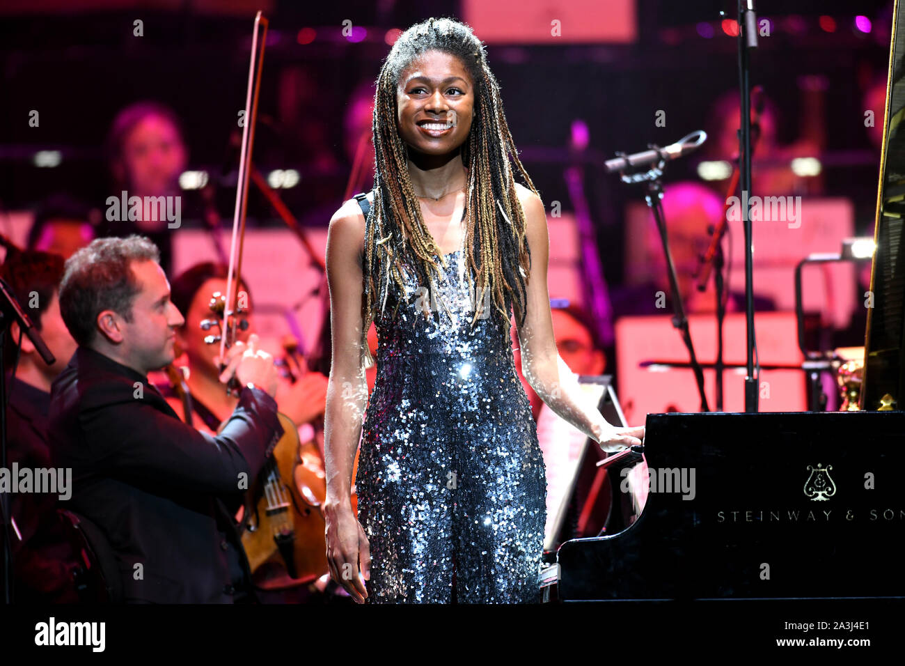 Isata Kanneh-Mason performs with the Bournemouth Sympathy Orchestra at Classic FM Live at London's Royal Albert Hall. Stock Photo