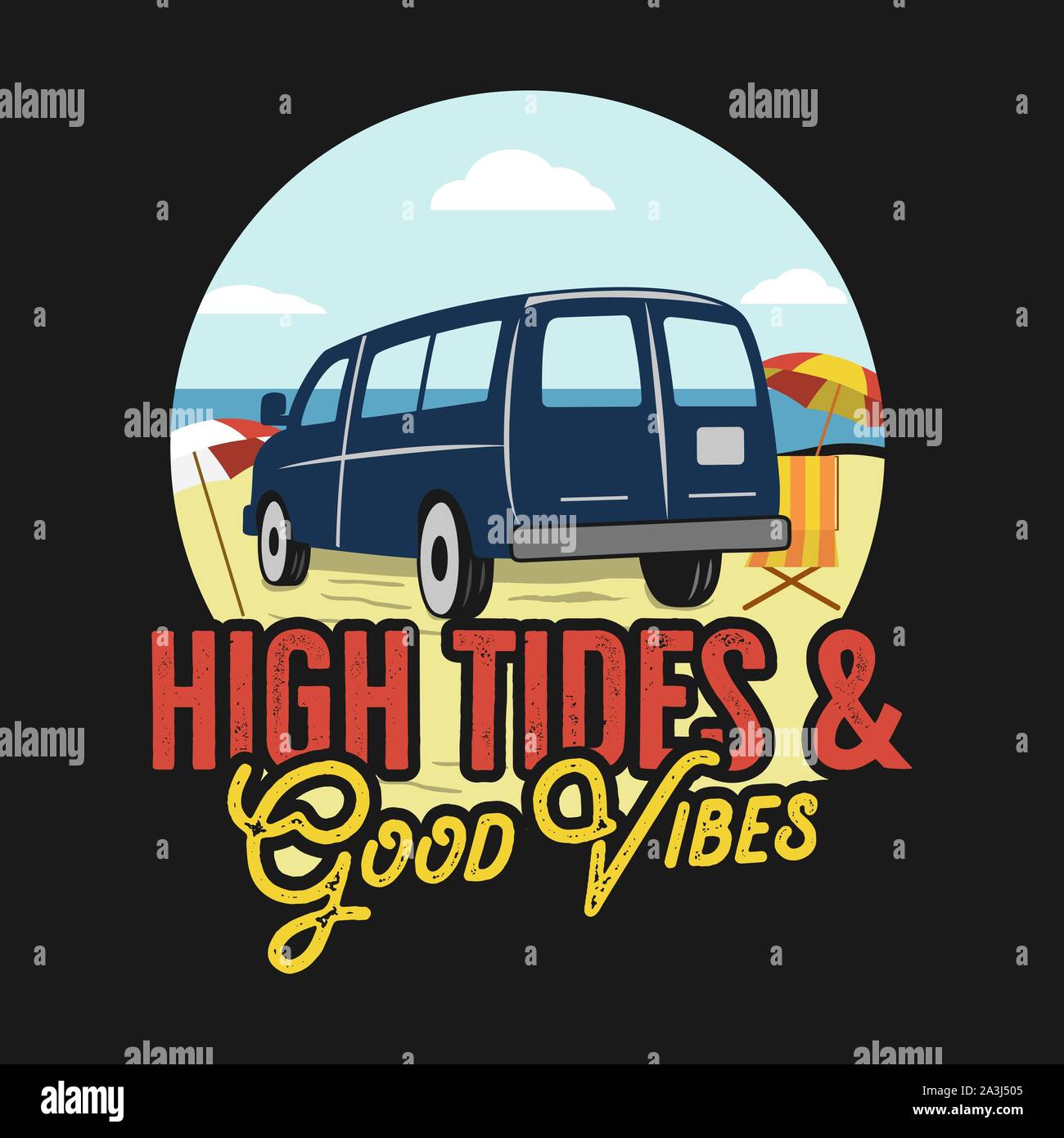 VIntage summer print design for t shirt, poster. High tides and summer vibes typography quote. Van on the beach landscape scene. Retro stock vector Stock Vector