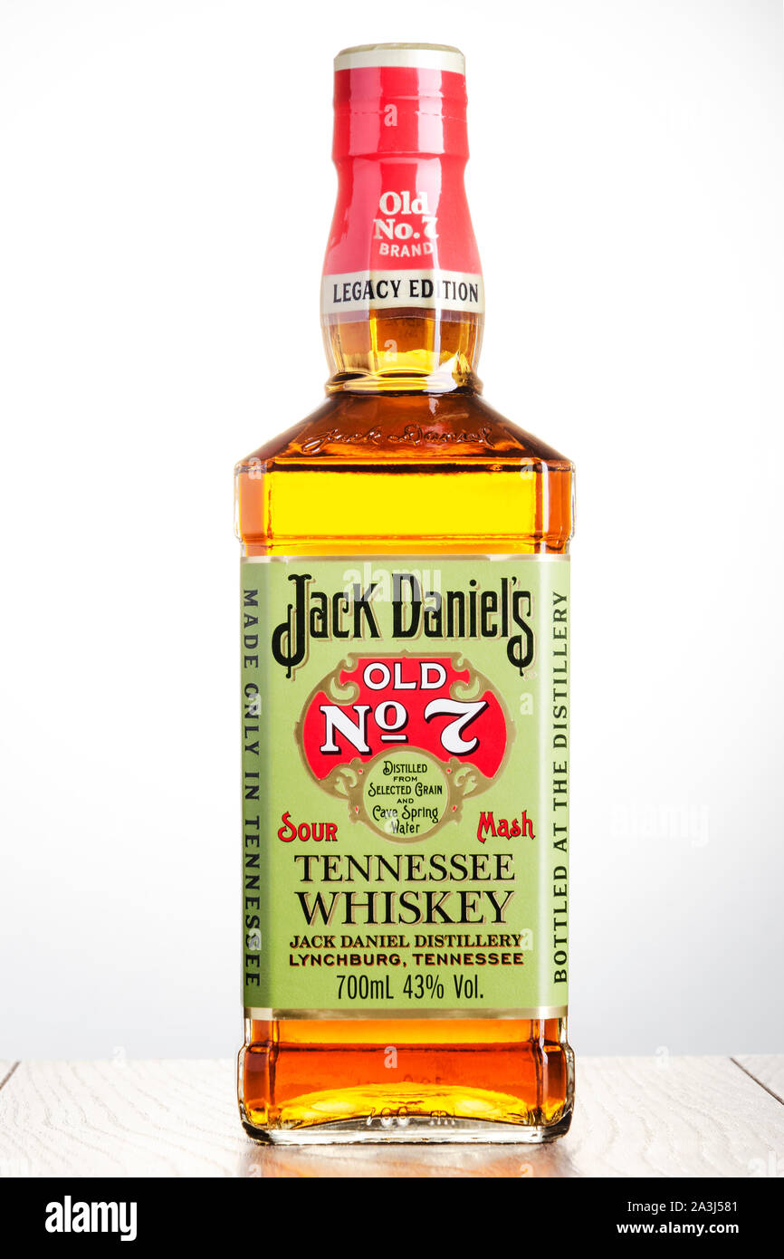 Bottle of Jack Daniels Old No 7 whiskey isolated on gradient background