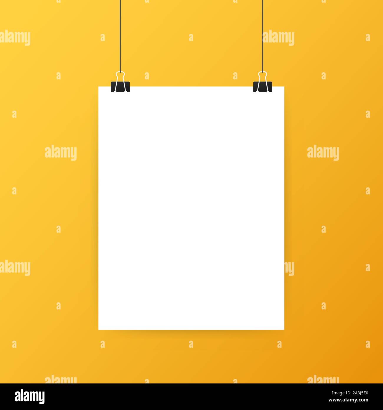 Знамя белое висящее на стене. Мокап чистый. Постер квадратный. Подвесная рамка для постера. Листы бумаги висят на прищепках.