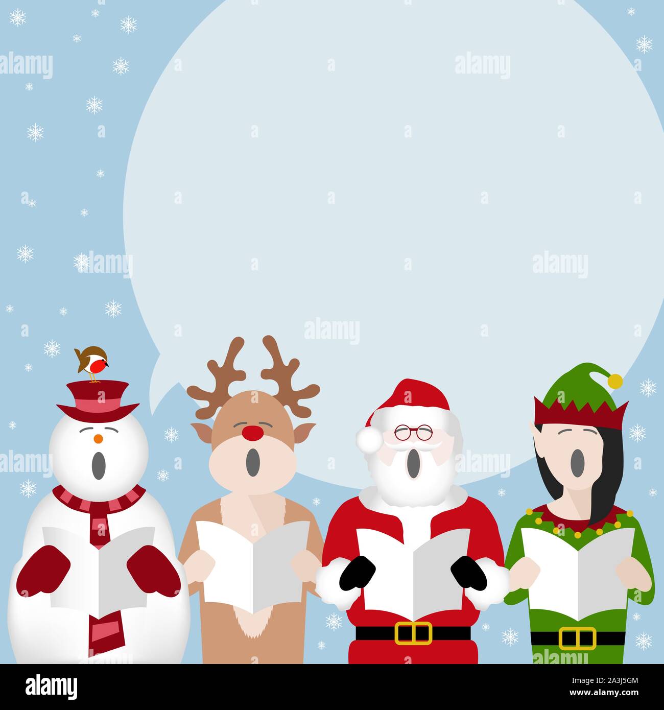 a snowman, reindeer, father christmas and elf singing Christmas carols with room for text Stock Vector