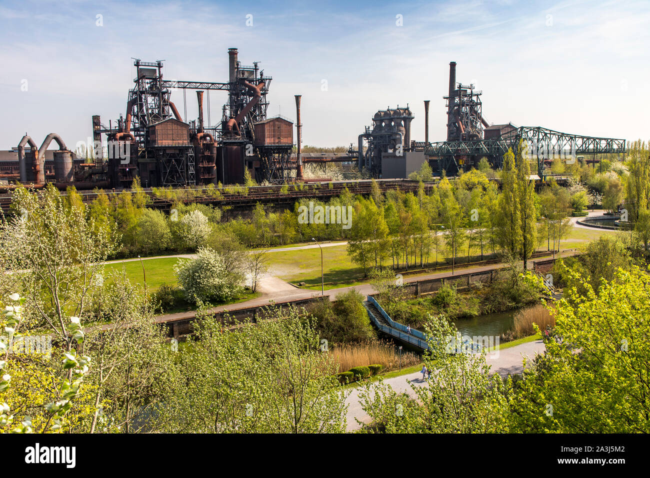 Landscape park Duisburg, north, former steelworks, in Duisburg Meidrich, blast furnaces, clear water canal, Emscher promenade, Germany Stock Photo
