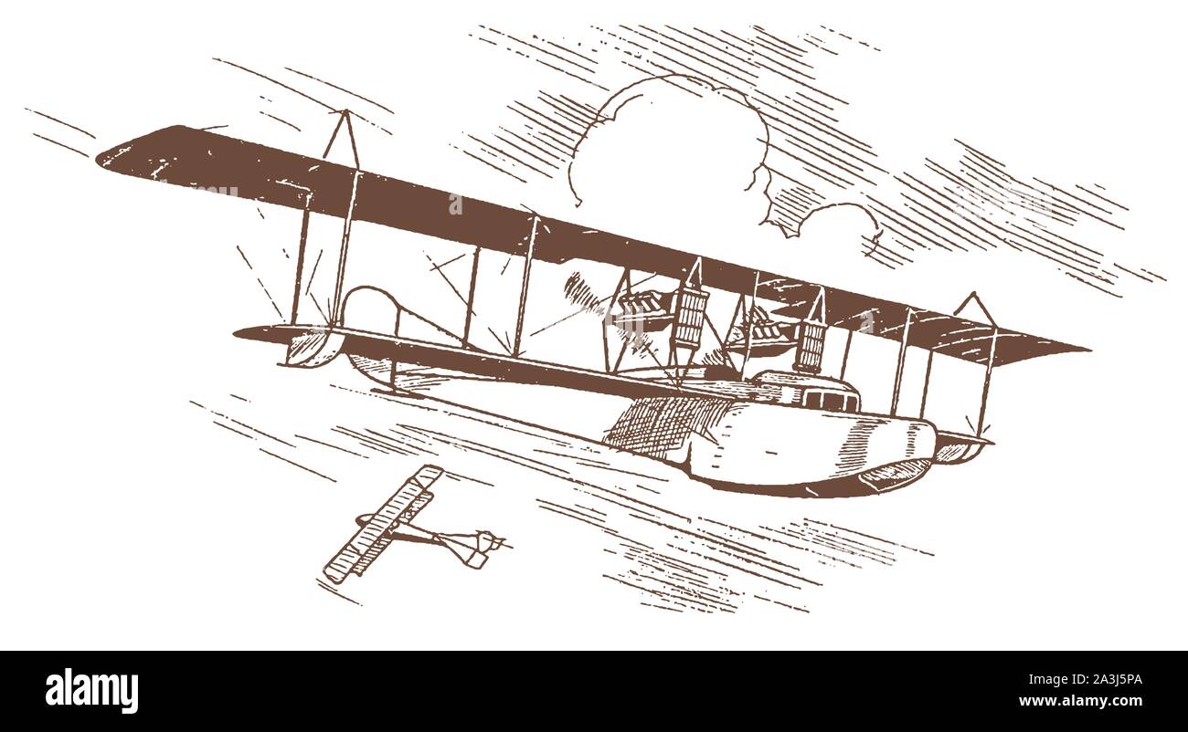 Historical aerial mail service biplane flying boat. Illustration after a lithography from the early 20th century Stock Vector