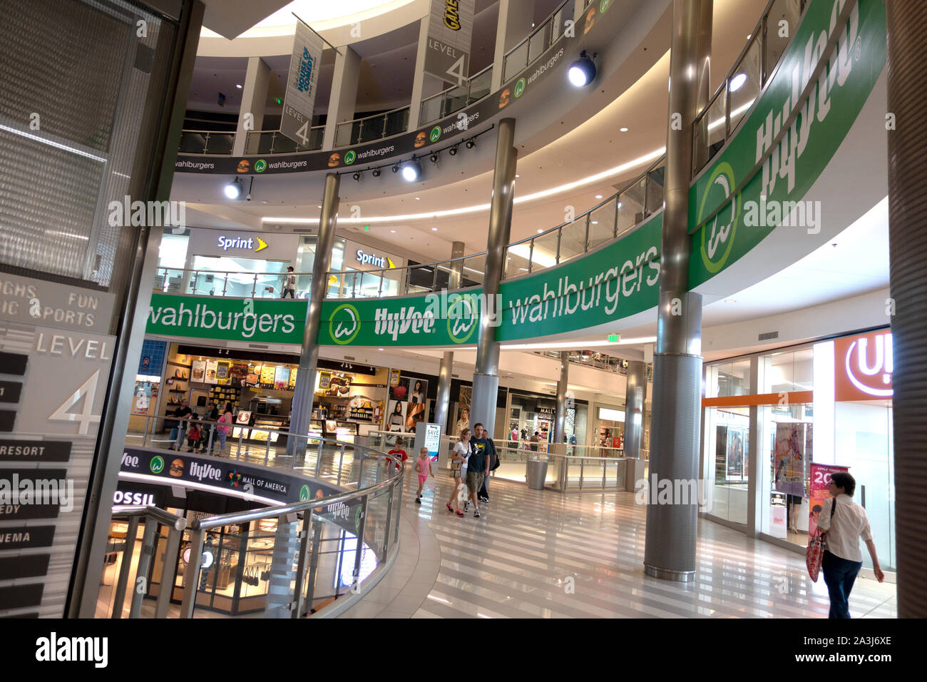 Mall of America walkway with signage for the new Wahlburgers shop and managed by HyVee grocery store. Bloomington Minnesota MN USA Stock Photo