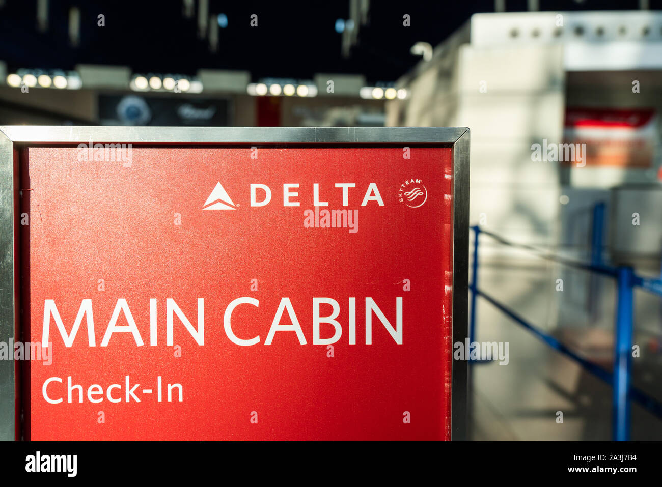 Delta Air Lines main cabin check-in sign seen in Shanghai Pudong International Airport. Stock Photo