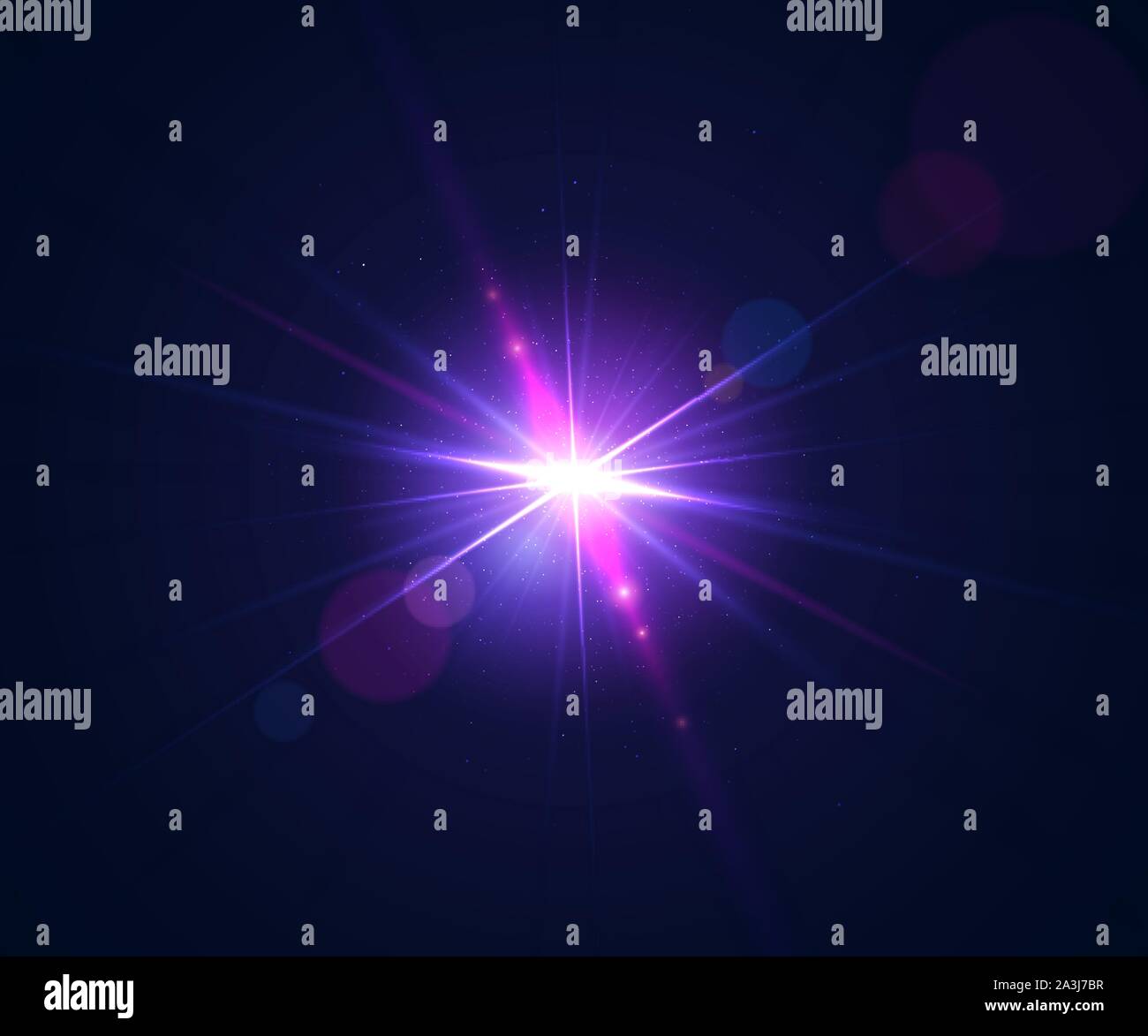 Glowing light effect. Lens flare with bokeh, glitter particles and rays. Sparkling glare of bright flash with colorful twinkle. Shining abstract backg Stock Vector