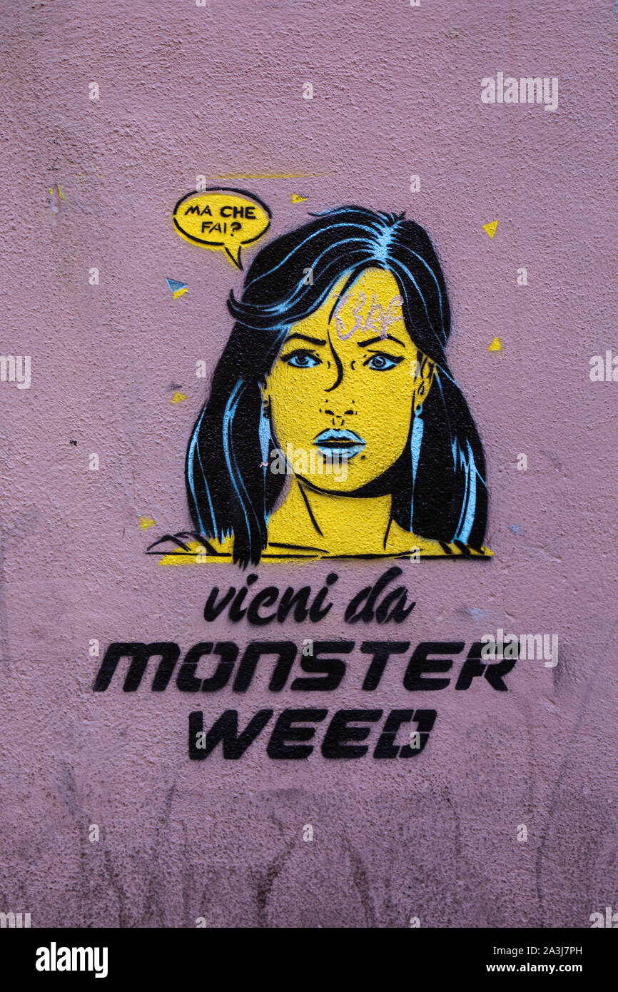 "Vieni da monster weed". Stencil graffiti street art on the wall in