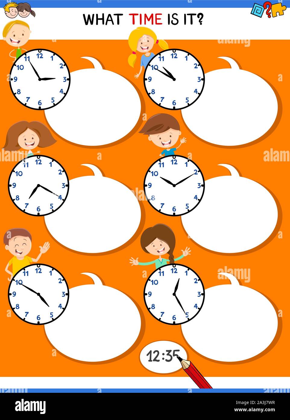 cartoon illustrations of telling time educational activity with clock face and happy children for kids stock vector image art alamy https www alamy com cartoon illustrations of telling time educational activity with clock face and happy children for kids image329242307 html