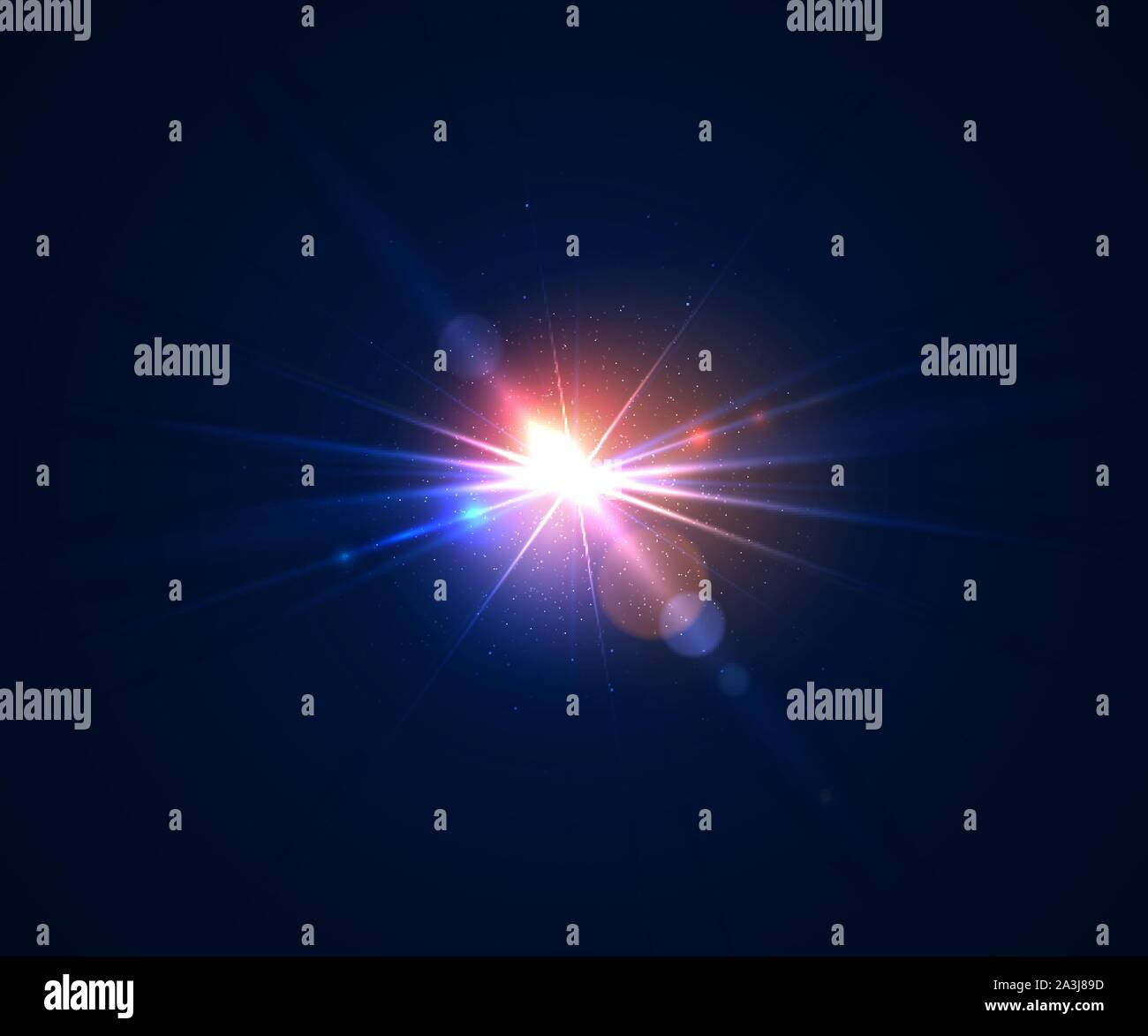 Glowing lens flare. Beautiful glare effect with bokeh, glitter particles and rays. Sparkling light effects of flash with colorful twinkle. Shining abs Stock Vector