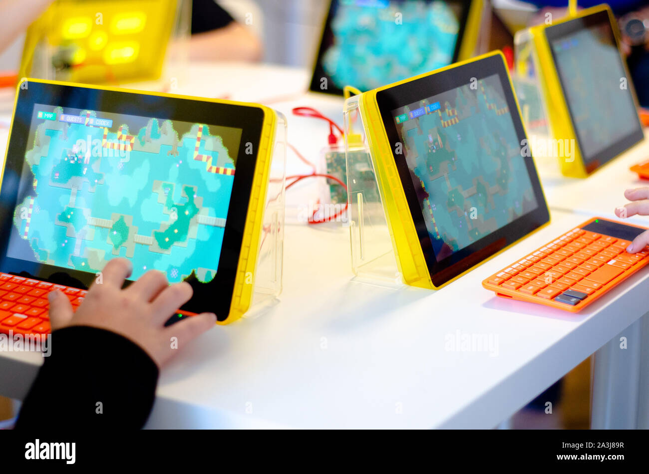 Kids learning coding. Educational concept Stock Photo