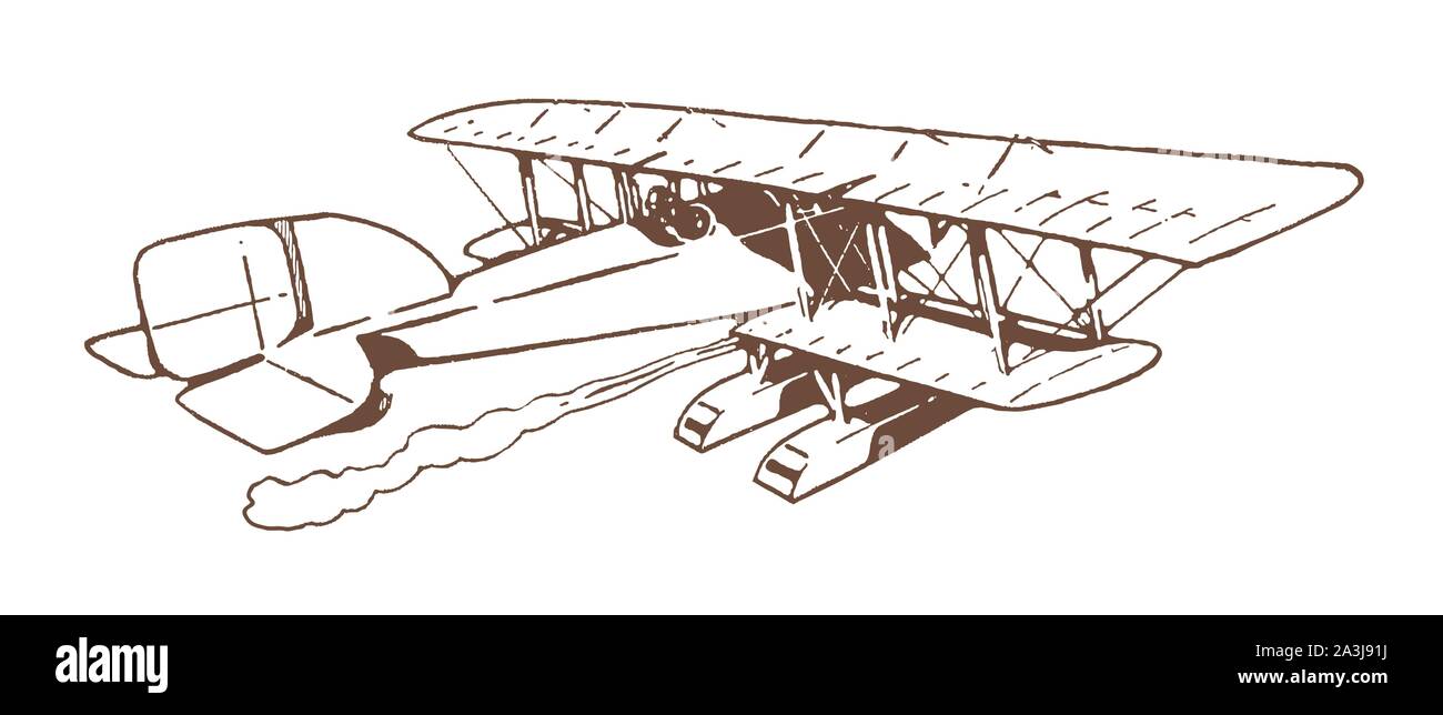 Historical biplane seaplane flying away. Illustration after a lithography from the early 20th century Stock Vector