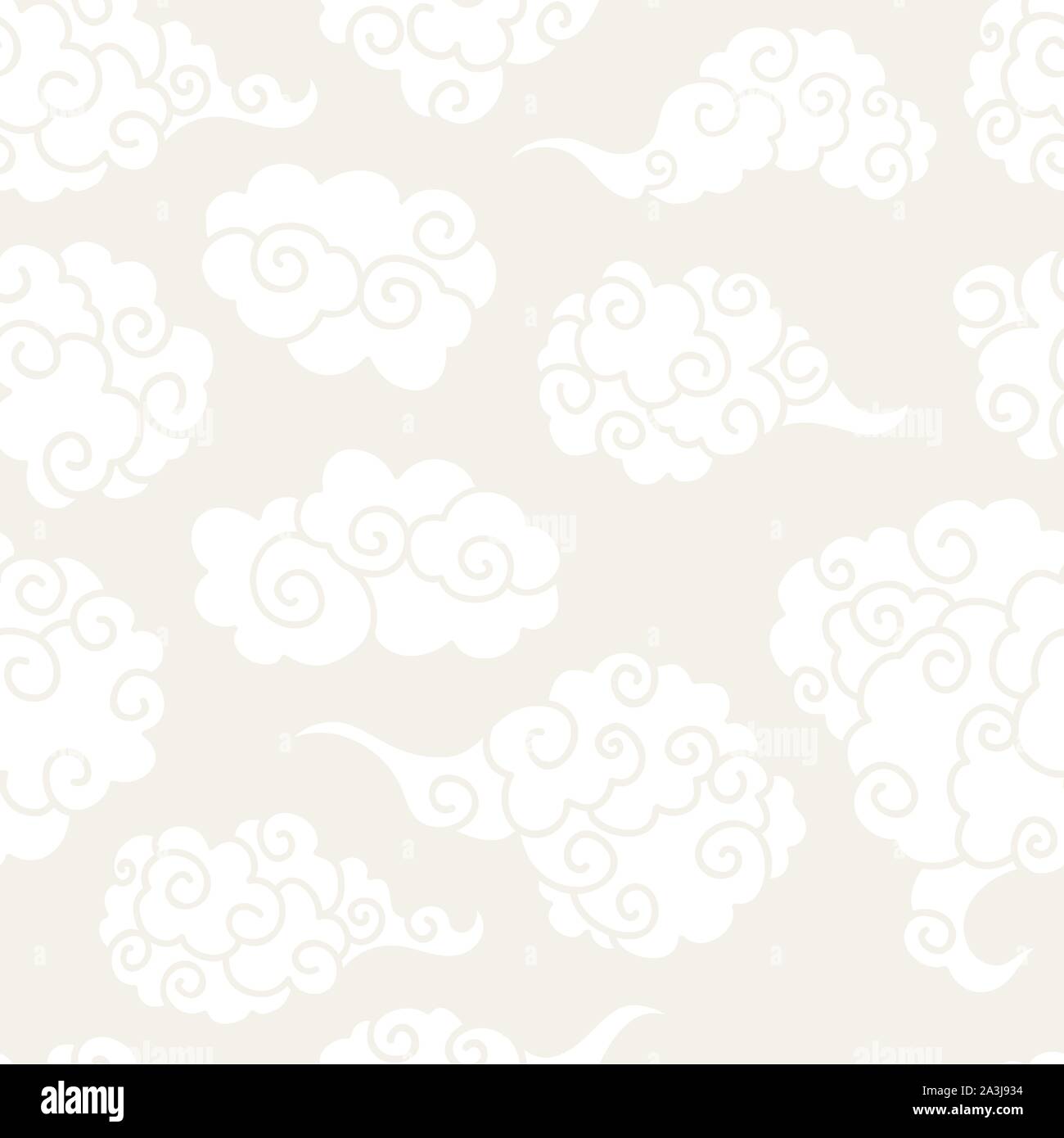 Chinese clouds smoke vector seamless pattern. Japanese, oriental style textile ornament. Golden outline swirls, curls background. Colored Asian traditional holidays postcard backdrop, wrapping texture Stock Vector