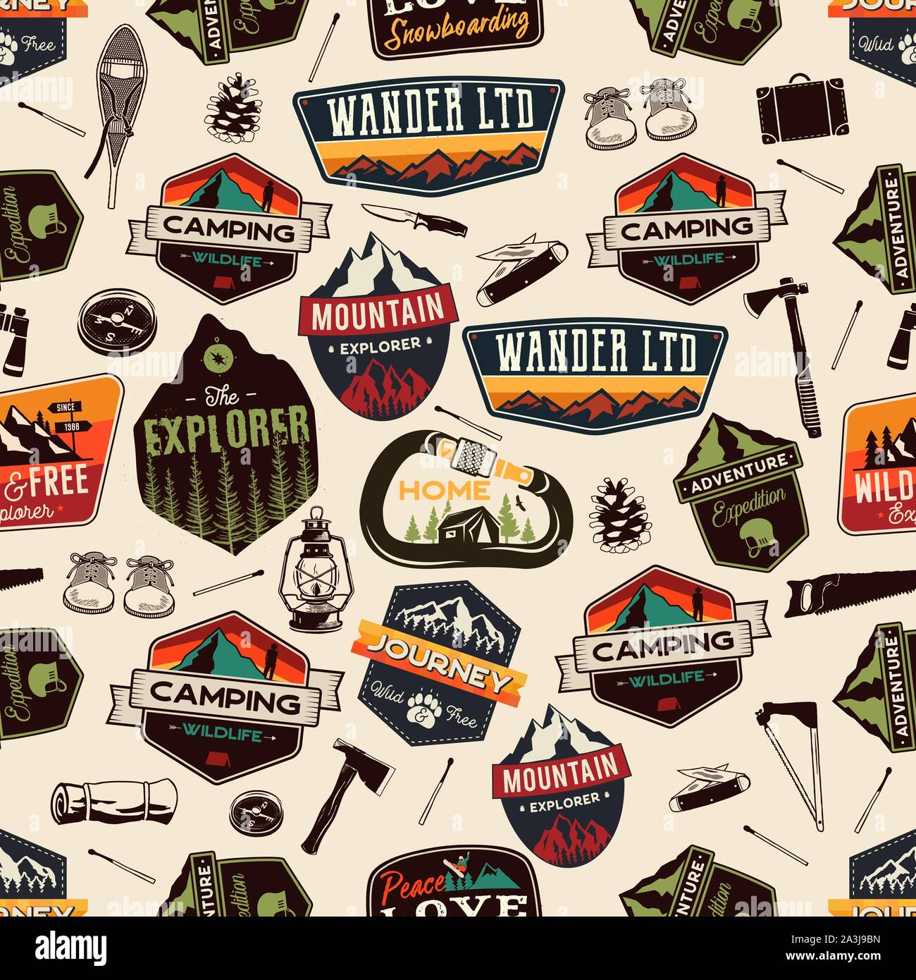 Camping adventure seamless pattern with outdoor explorer patches and