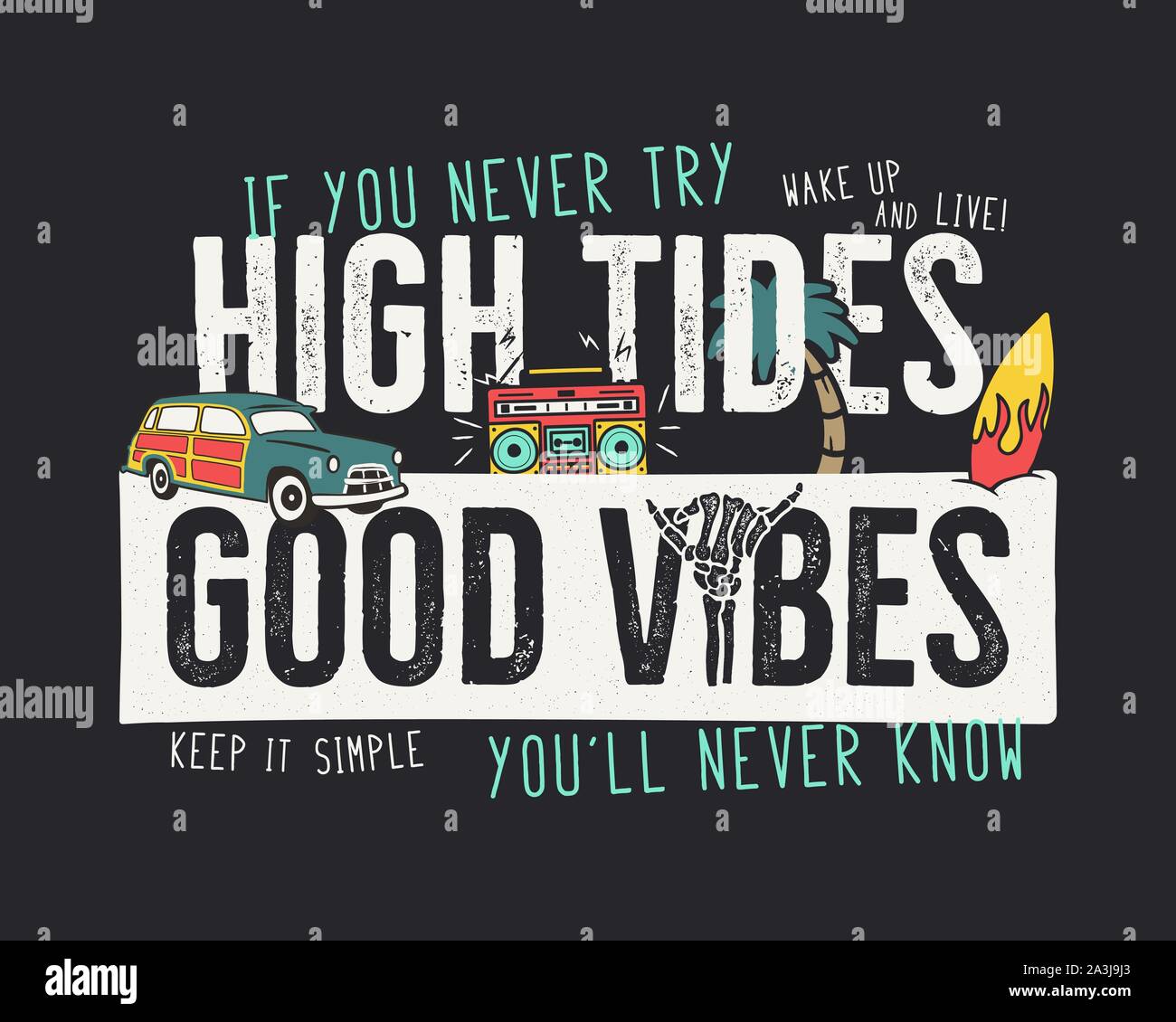 VIntage summer adventure print design for t shirt, poster. High tides, good vibes typography slogan. Surf car, retro tape and surfboard elements Stock Vector