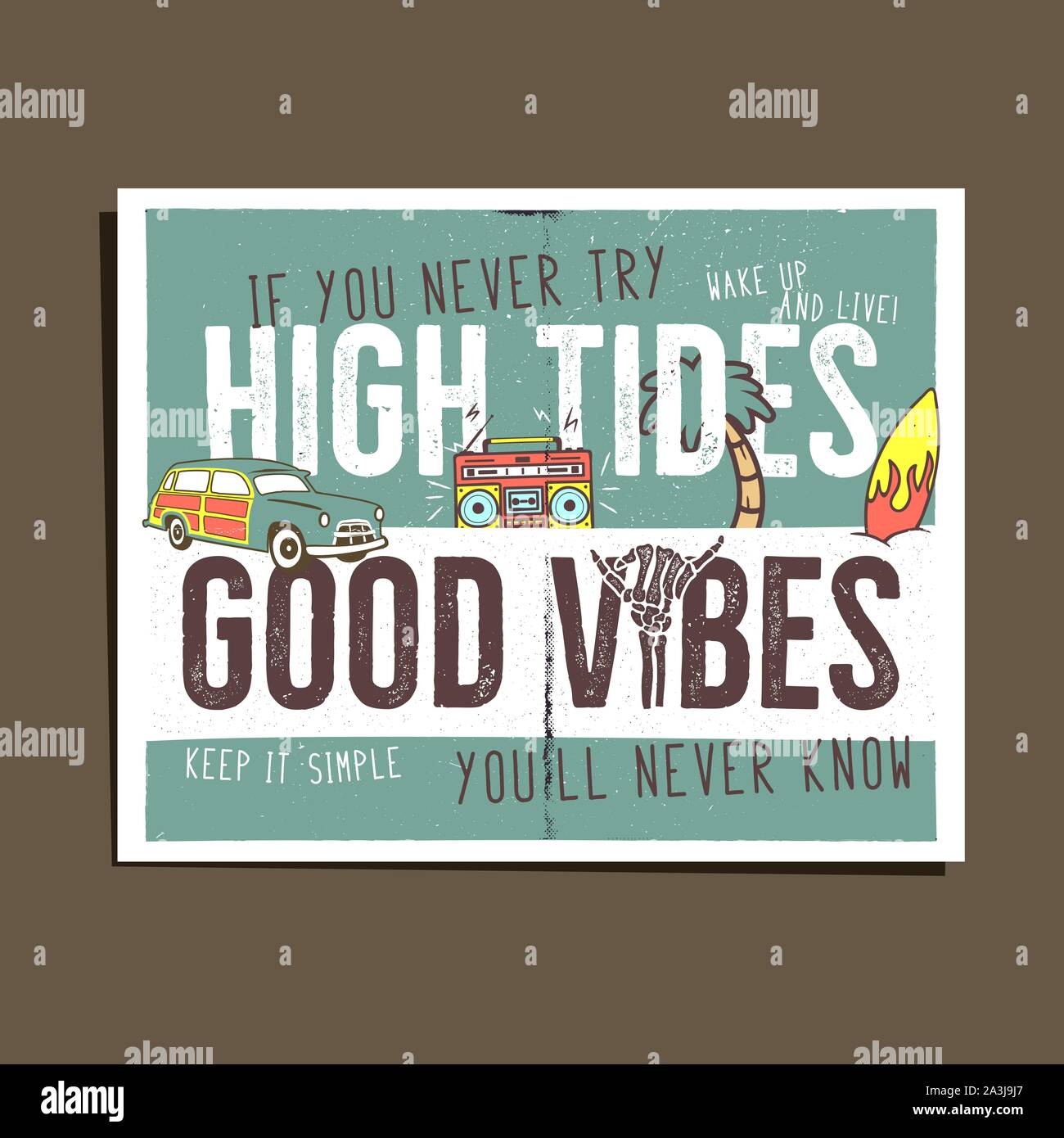 VIntage summer adventure print design, poster for t shirt, poster. High tides, good vibes typography slogan. Surf car, retro tape and surfboard Stock Vector
