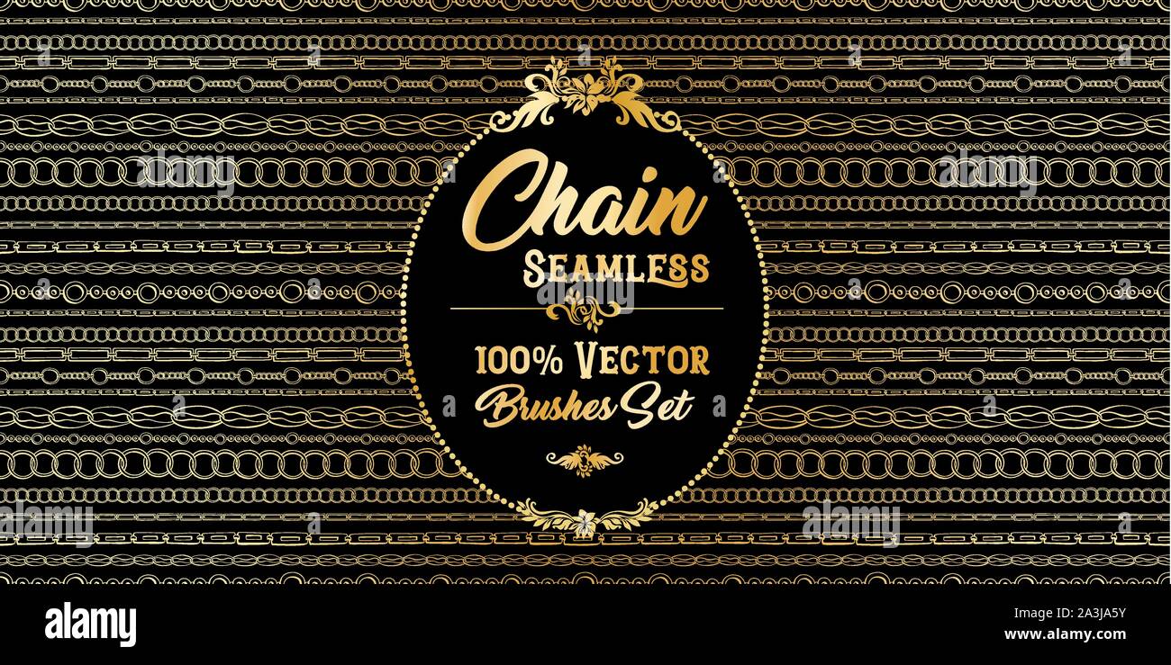 Golden chains seamless brushes. Horizontal bracelets on Black Background. Jewellery Banner with Oval frame, sketch drawing. Fashion jewelry outline. Gold Vector Collection of different chains Stock Vector