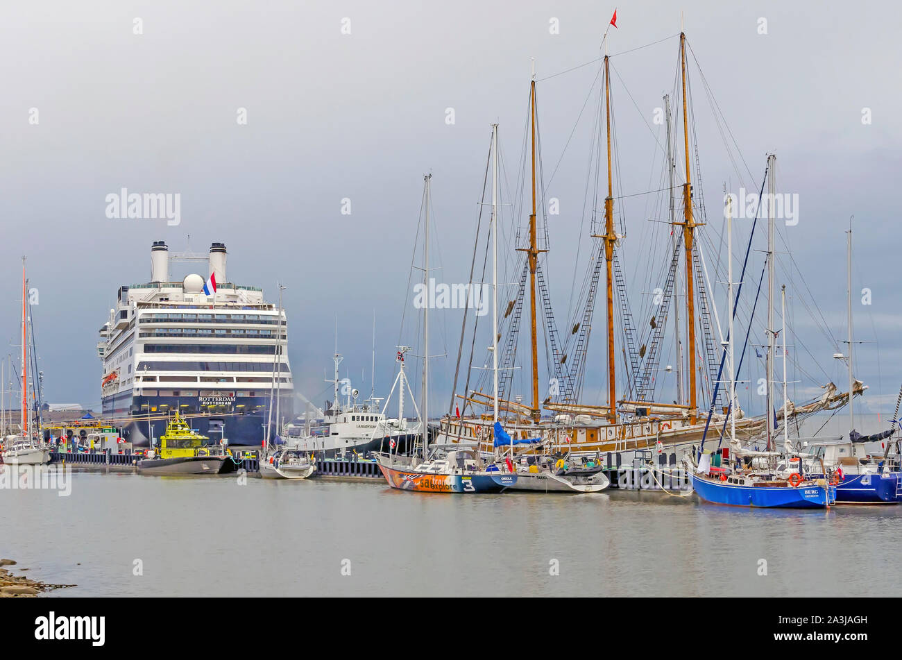 Port Longyear  with sailboats, and Cruise Ship Lonyearbyen Svalbard, Norway Stock Photo