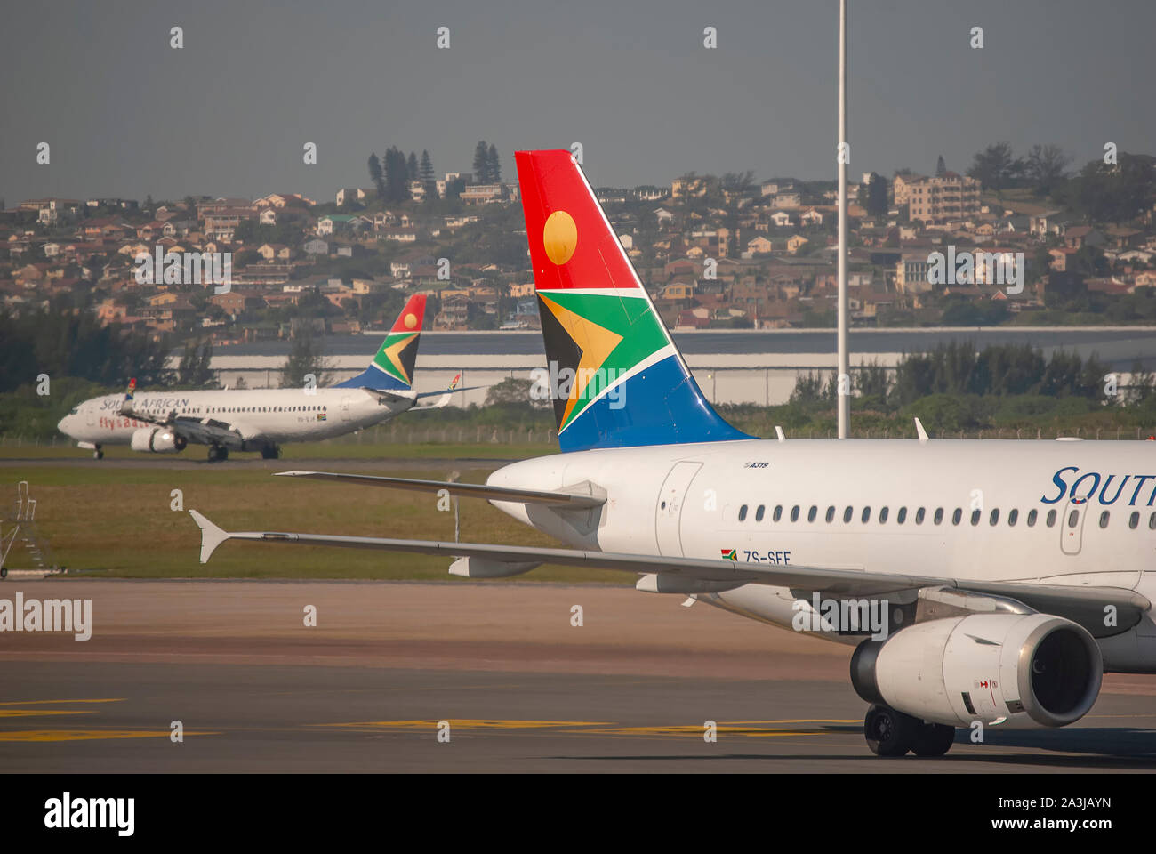 South African Airways aircraft at King Shaka International Airport in Durban, South Africa Stock Photo