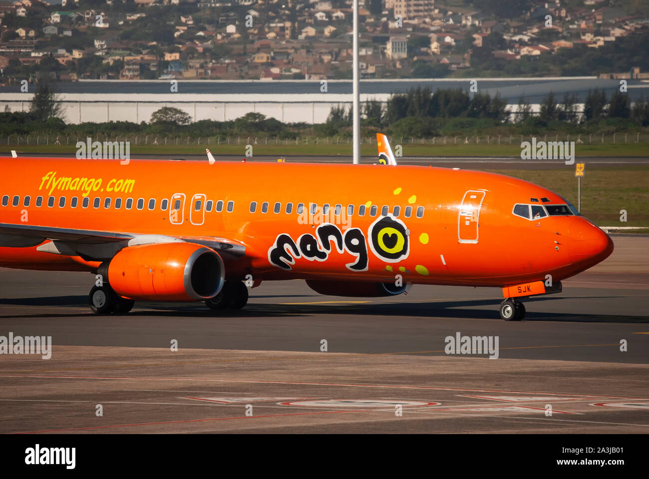A Mango Airlines aircraft on the apron at King Shaka International Airport in Durban, South Africa Stock Photo