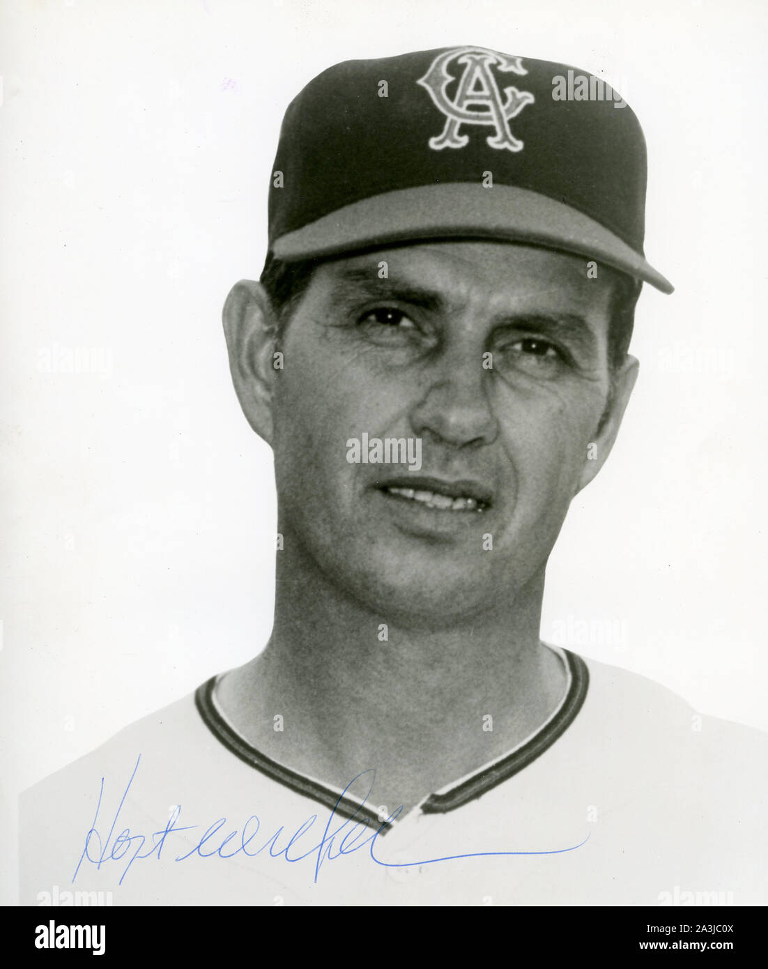 Autographed photo of Hall of Fame baseball pitcher Hoyt Wilhelm  with  the California Angels. Stock Photo