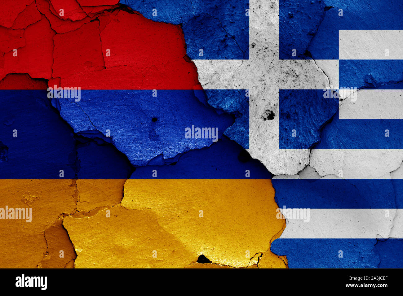 flags of Armenia and Greece painted on cracked wall Stock Photo Alamy