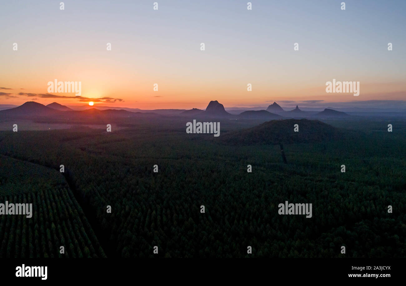 Glass house mountain aerial sunset Stock Photo