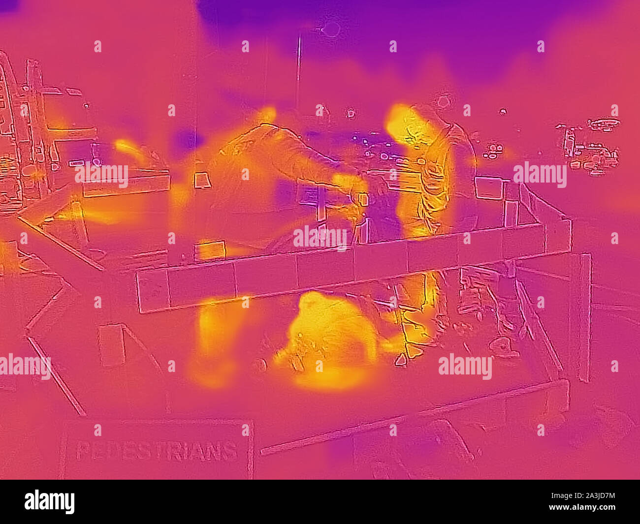 UK NEWS: FLIR Thermal Image picture of Cadent engineers working to fix the gas supply to Wirksworth, Derbyshire as it was cut off when a burst water mains flooded the gas supply system 8/10/2019 Stock Photo